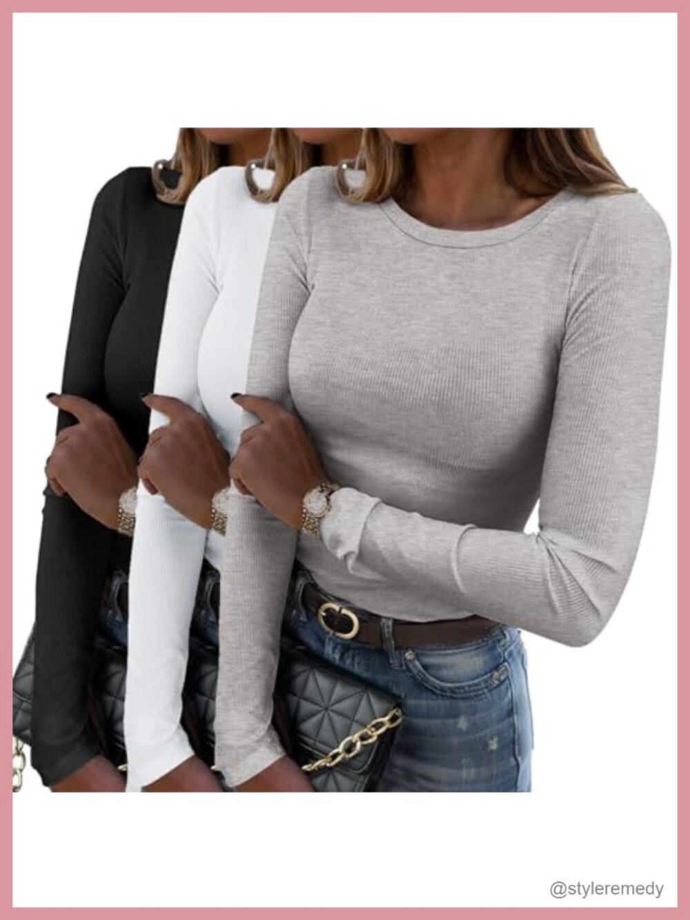 Ribbed Knit Long Sleeve T-Shirt Slim Fit Crewneck Basic Tee